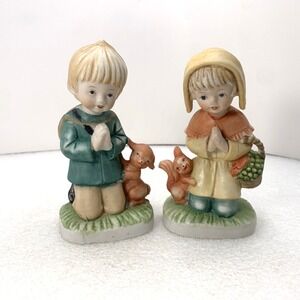 Vintage Frankel Porcelain Praying Boy Girl Squirrel 5" Religious Figurines Set